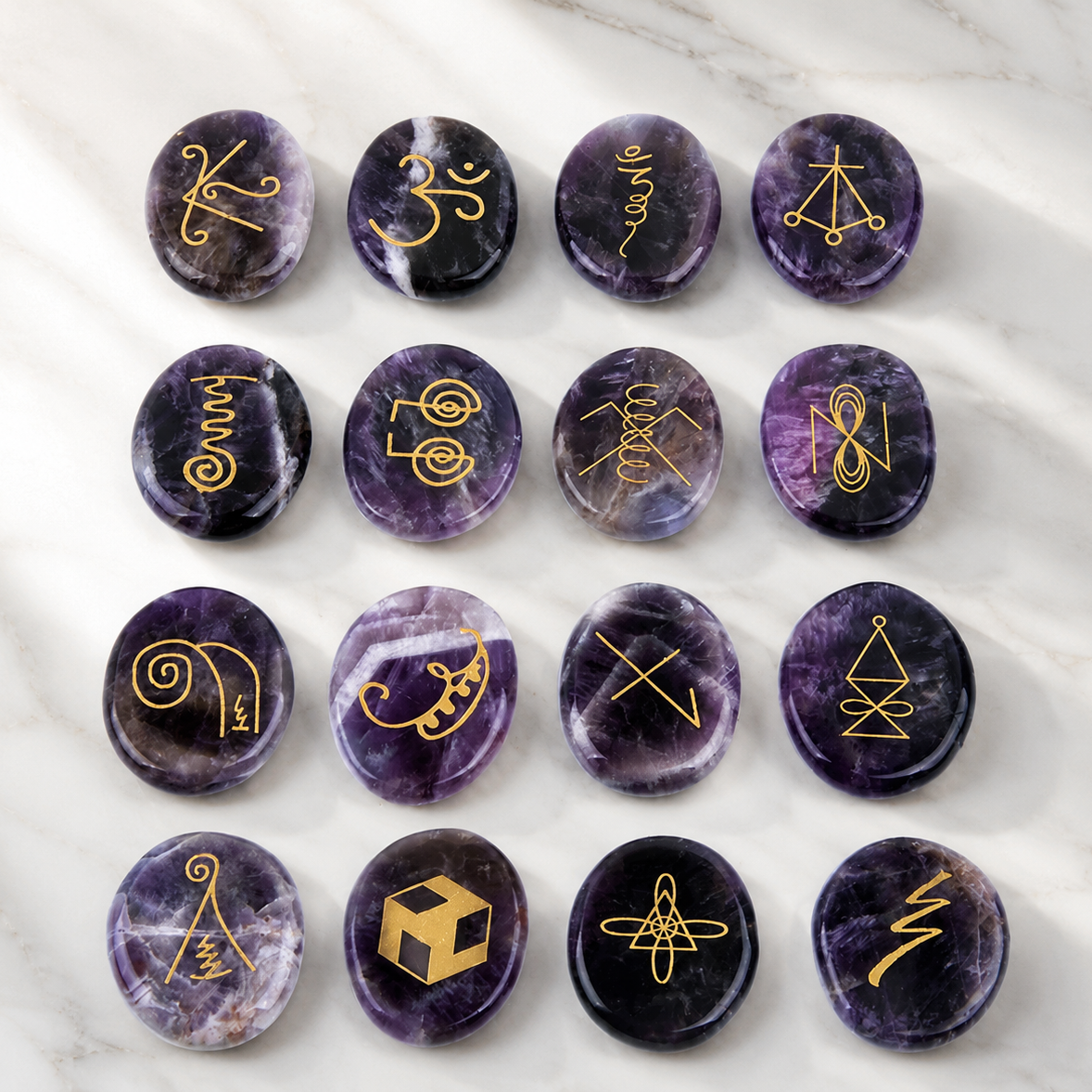 Amethyst Rune Karuna Palm Stone Set Meditate & Balance｜Blessedchi